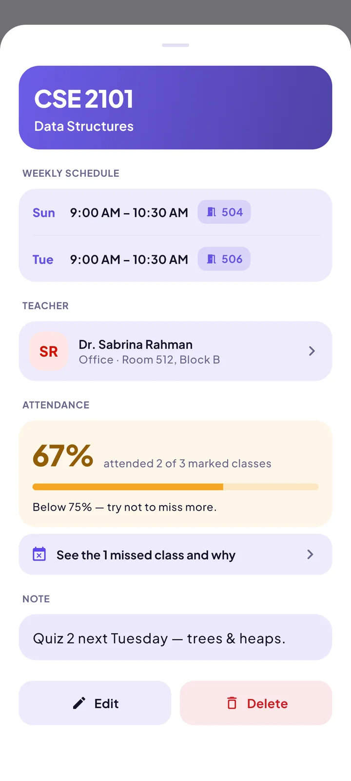The Attendance screen of the ClassCue app