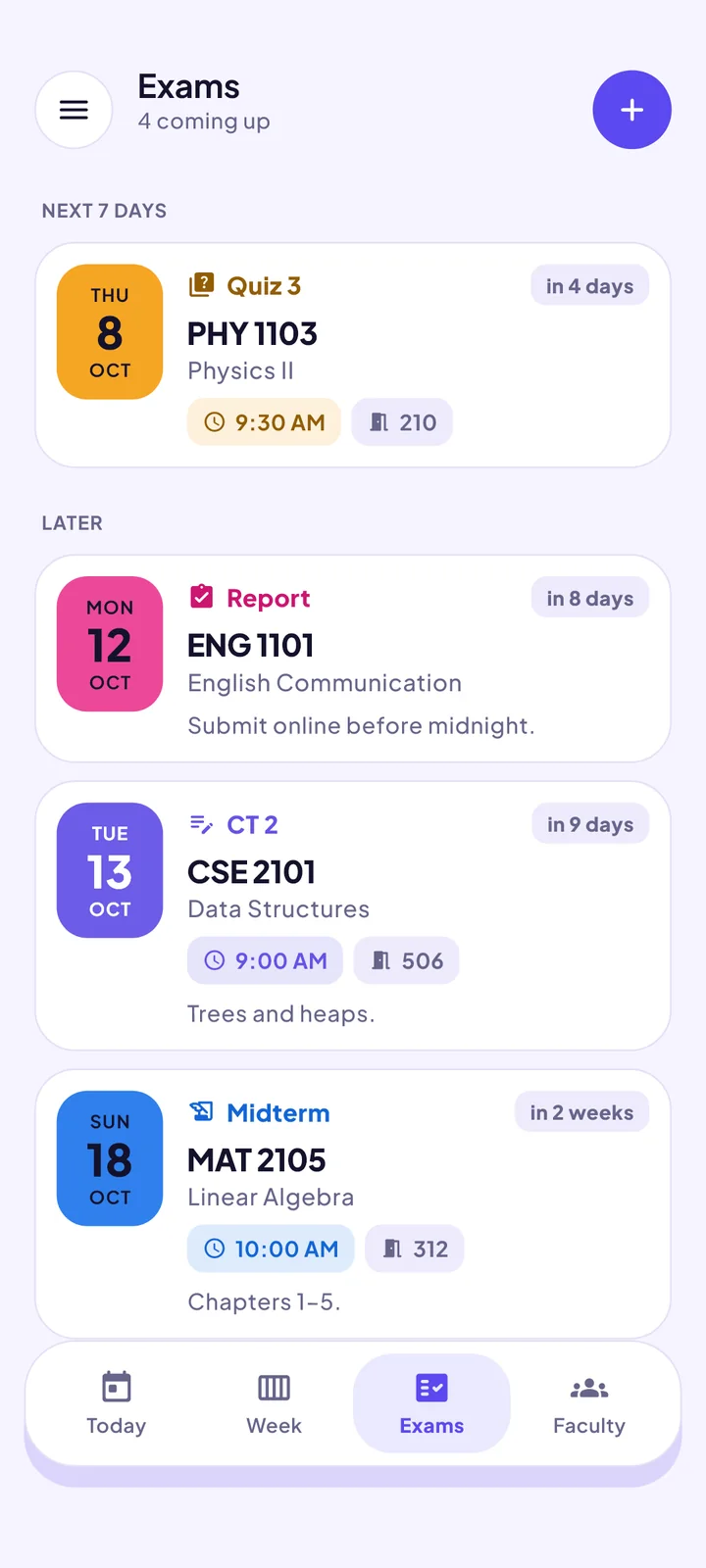 The Exams screen of the ClassCue app
