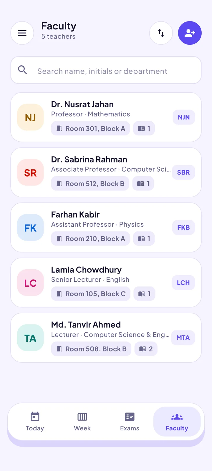 The Faculty screen of the ClassCue app