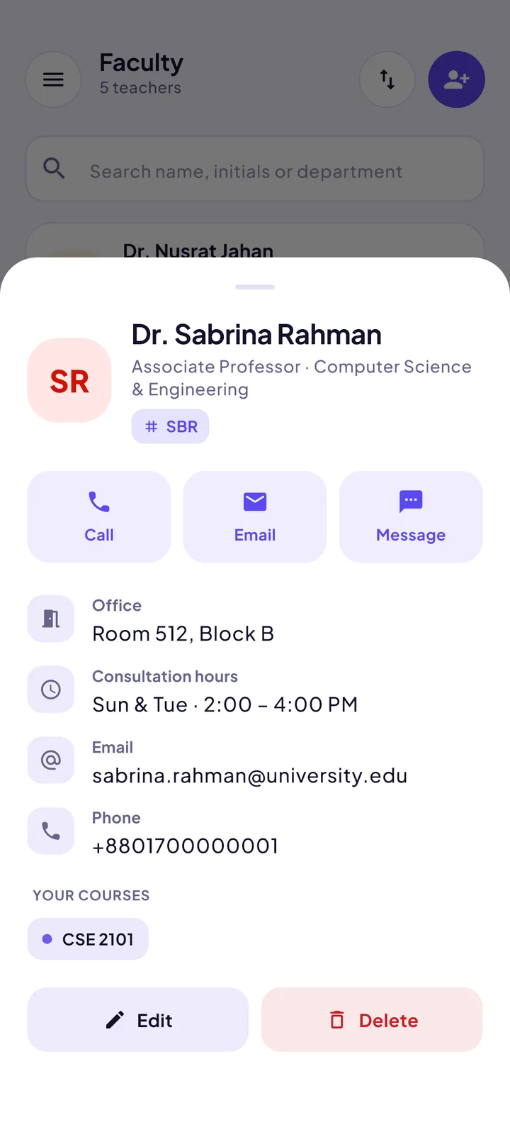 The Faculty screen of the ClassCue app