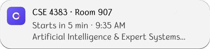 A ClassCue reminder notification showing the course code, room and start time